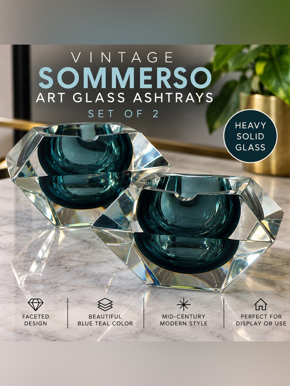 Vintage Sommerso Art Glass Ashtrays Pair Blue Teal Faceted MCM Heavy Glass